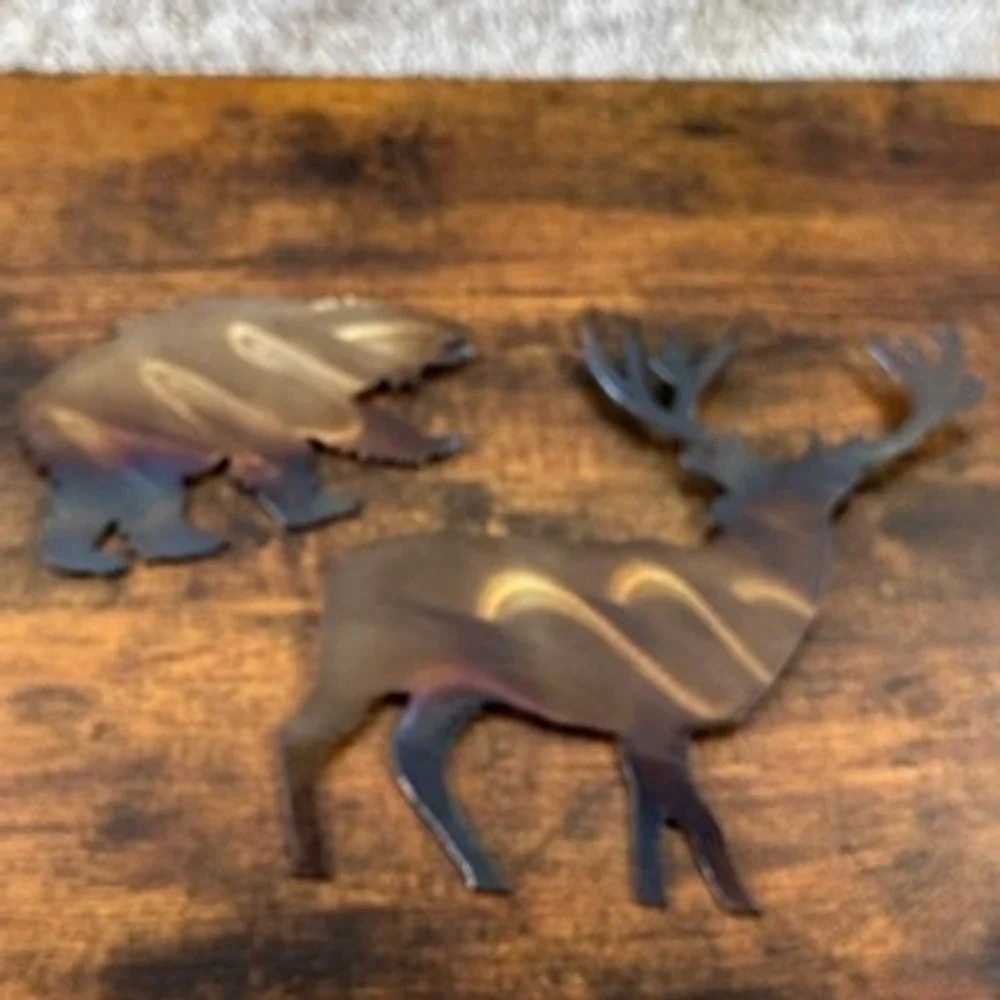 Metal Wall Art Bear Deer Silhouette Iridescent Heat Treated Finish Steel Set‎